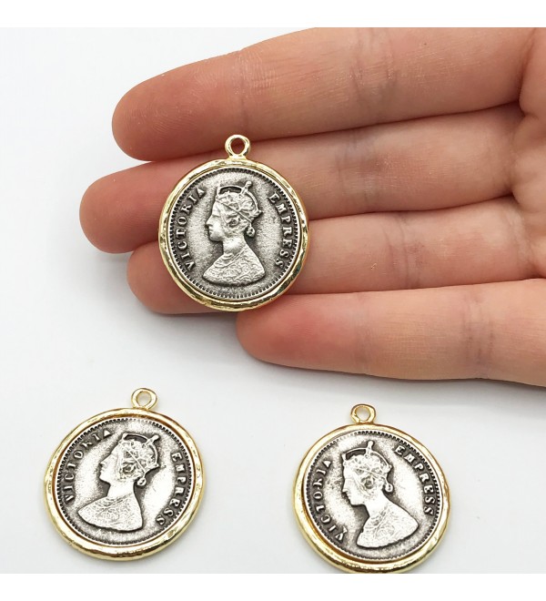 Queen Victoria Coin Pendant, Antique Silver and Gold Plated Medallion Charm, Coin Necklace MD-1002