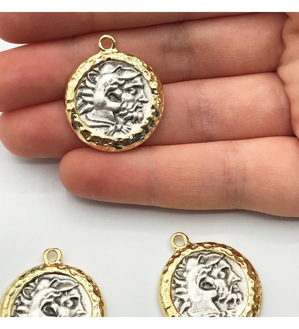 Gold and Silver Plated Roman Emperor Julius Caesar Coin Necklace Pendant, Ancient Roman Charm, Antique Necklace MD-1009