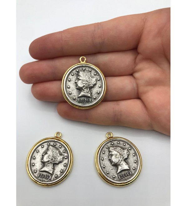 Gold and Silver Liberty Head Morgan Dollar Eagle Coin Pendant, United States 1881 Coin MD-1018