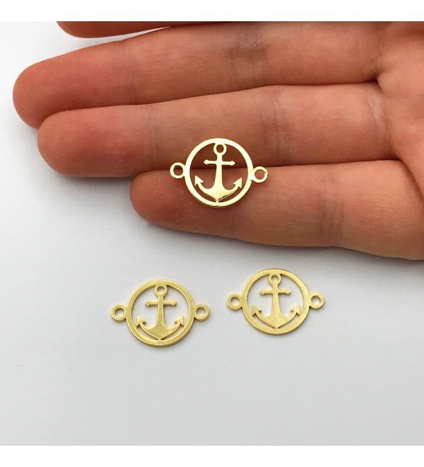 Shiny Gold Plated Anchor Connector, Hollow Anchor Bracelet Charm Pendant, Round Anchor Boat Ship Charm 2 Loops GLD-1030