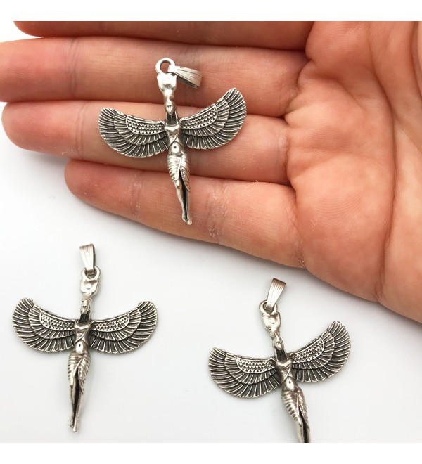 Silver Plated Winged Goddess Isis Necklace Pendant, Ancient Egyptian Isis Charm, Egyptian Pendant, Jewelry Making MD-1020