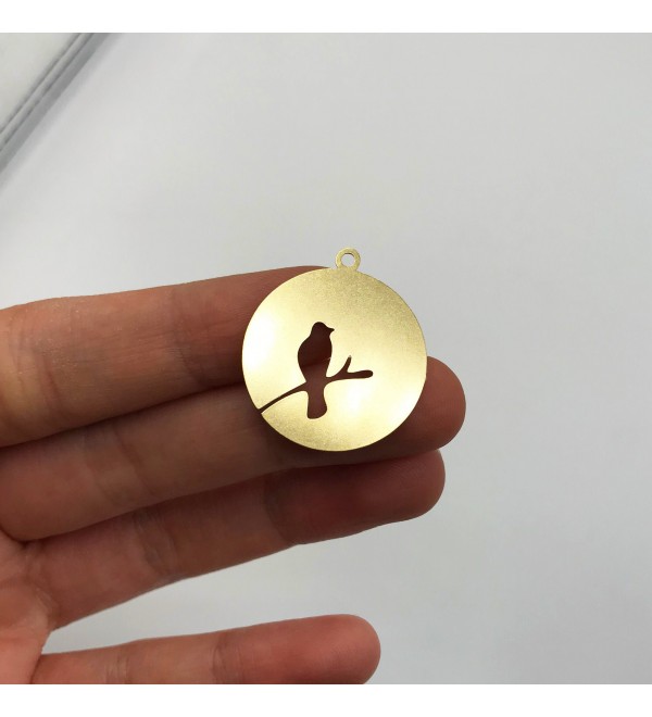 Raw Brass Bird on Tree Branch Charm Pendant, Sparrow Pendant Charm, Round Disc Bird Necklace Pendant, Bird Earring Laser Cut RW-1058