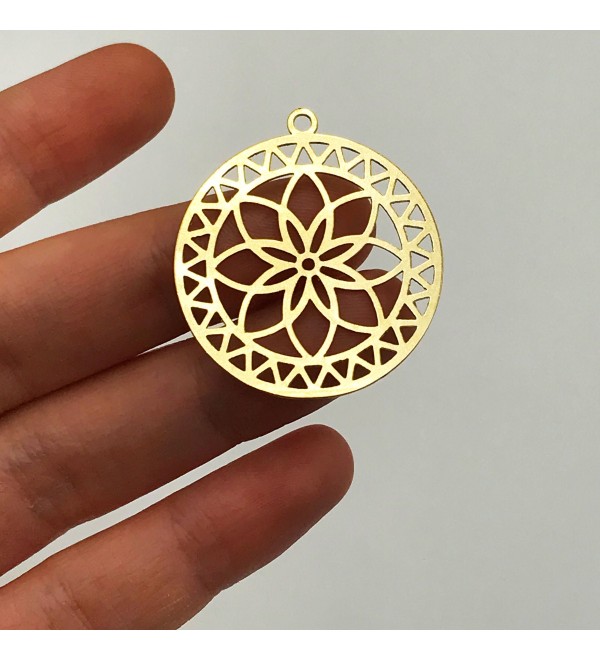 Raw Brass Mandala Charm, Mandala Flower Sun Pendant, Round Floral Mandala Necklace Earring Charm, Laser Cut Jewelry Supplies RW-1061