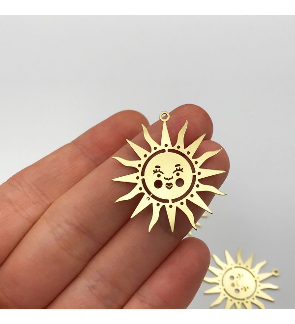 Raw Brass Sun Face Earring Charm, Abstract Sun Face Necklace Pendant, Celestial Findings Laser Cut Jewelry Supplies RW-1066