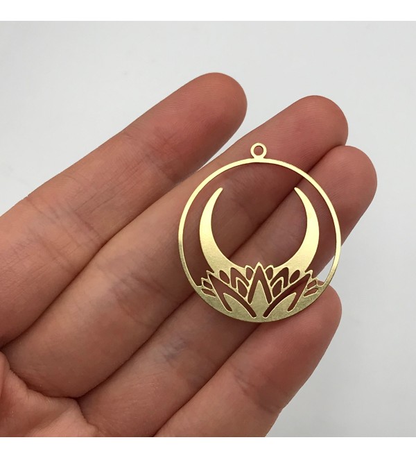 Raw Brass Crescent Moon Flower Earring Charm Pendant, Circle Crescent Lotus Flower Charm Pendant, Laser Cut Jewelry Supplies RW-1093