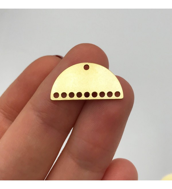 Raw Brass Semi Circle Earring Connector Charm Pendant, Laser Cut Half Moon 10 Hole Earring Charm, Brass Earring Findings RW-1100