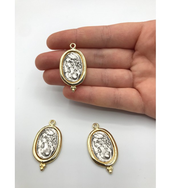 Gold and Silver Plated Cameo Lady Face Coin Necklace Pendant, Cameo Lady Charm, Antique Coin Pendant, Jewelry Findings MD-1012