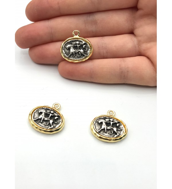 Gold and Silver Plated Man Horse Riding Coin Pendant, Equestrian Antiqued Coin Charm, Cameo Horse Coin Jewelry Supplies MD-1013