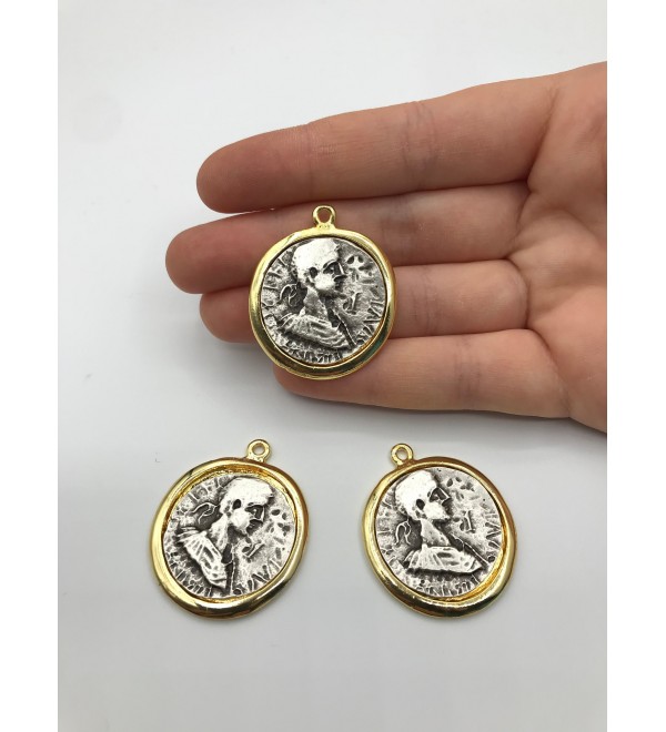 Gold Plated and Antique Silver Plated Antique Greek Coin Pendant, Cameo Head Necklace, Two Tone Medallion MD-1015