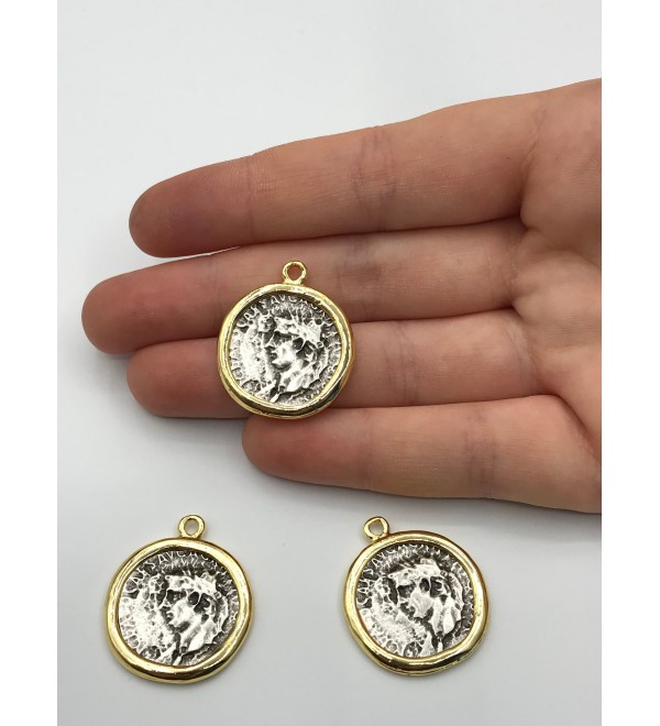 Gold and Antique Silver Plated Ancient Roman Cameo Head Coin Necklace Pendant, Cameo Medallion Charm MD-1017