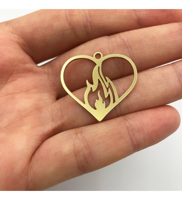 Raw Brass Heart on Fire Necklace Pendant, Flaming Heart Charm, Sacred Heart, Love Charm, Burning Fire Heart Laser Cut Supplies RW-1043