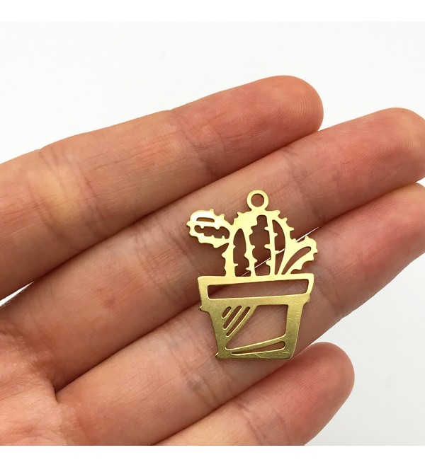 Raw Brass Cactus Necklace Pendant, Cactus Earring Charm, Potted Plant Charm, Succulent Charms, Jewelry Making Supplies RW-1044