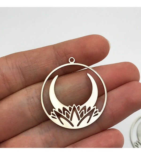 Stainless Steel Crescent Moon Flower Earring Charm Pendant, Circle Crescent Lotus Flower Charm Pendant, Laser Cut Supplies STL-3093