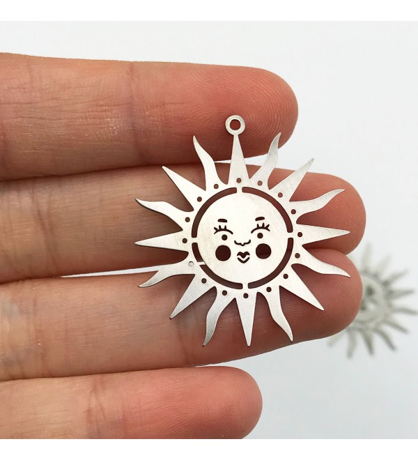 Stainless Steel Sun Face Earring Charm, Abstract Sun Face Necklace Pendant, Celestial Findings Laser Cut Jewelry Supplies STL-3066