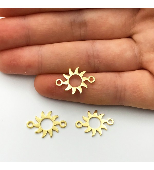 Shiny Gold Plated Sun Connector Bracelet Charm Pendant, Laser Cut Sun With 2 Loops, Gold Sunny Connector Celestial Charms GLD-1021