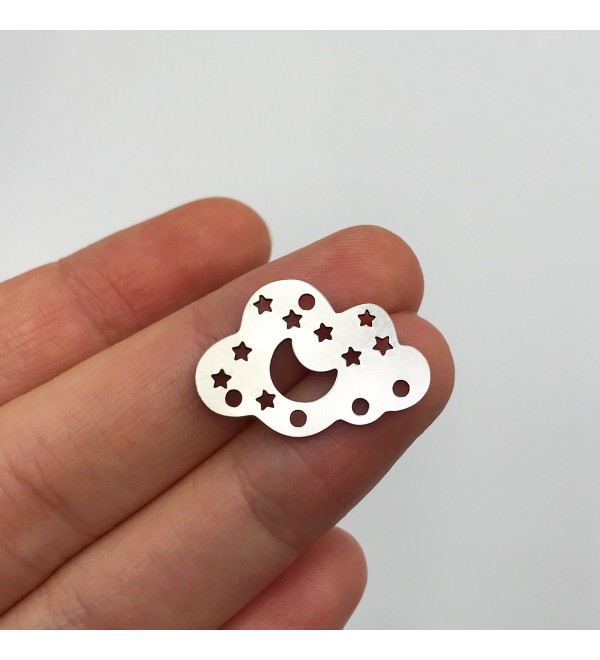 Raw Brass Cloud Crescent Moon Stars Charm Pendant, Moon Cloud Stars Connector Celestial Jewelry Laser Cut Earring Findings STL-3077