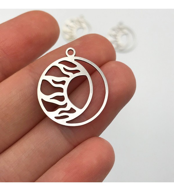 Stainless Steel Sun Crescent Moon Necklace Earring Charm Pendant, Sun and Moon Jewelry Charm, Laser Cut Celestial Findings STL-3106