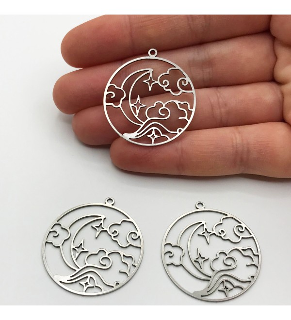 Stainless Steel Cloud Crescent Moon Stars Earring Charm Pendant, Round Crescent Cloud Wind Charm, Laser Cut Earring Findings STL-3095