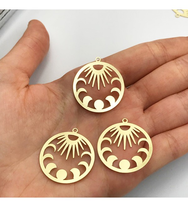 Raw Brass Sun and Moon Charm, Sun Pendant, Moon Pendant, Laser Cut Brass Jewelry Supplies, Circle Sun Necklace RW-1002