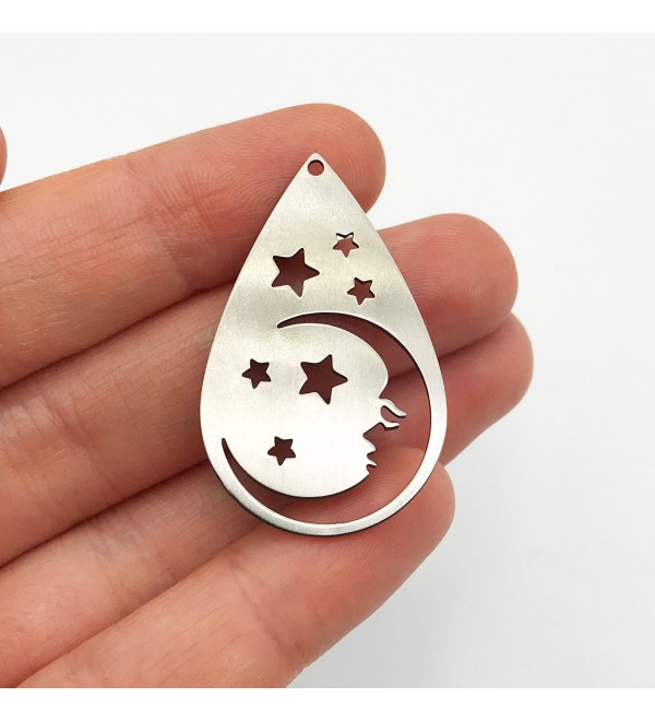 Stainless Steel Crescent Moon Face Charm Pendant, Drop Shaped Moon and Stars Face Earring Charm, Sky Charms, Celestial Jewelry STL-3072