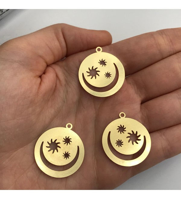 Raw Brass Moon and Stars Charm, Sun Moon and Stars Necklace Earring Pendant, Round Crescent Stars Charm, Sky Charm Laser Cut RW-1062