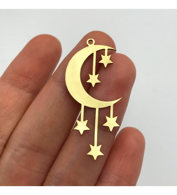 Raw Brass Crescent Moon and Stars Earring Charm Pendant, Geometric Moon Stars Charm, Laser Cut Celestial Earring Findings RW-1145