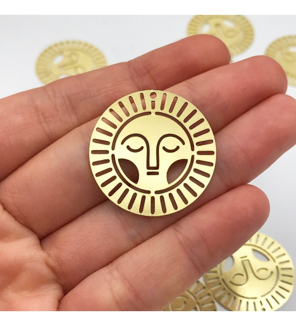 Raw Brass Round Face Sun Necklace Pendant, Circle Sun Face Earring Charm, Laser Cut Celestial Jewelry Supplies RW-1065