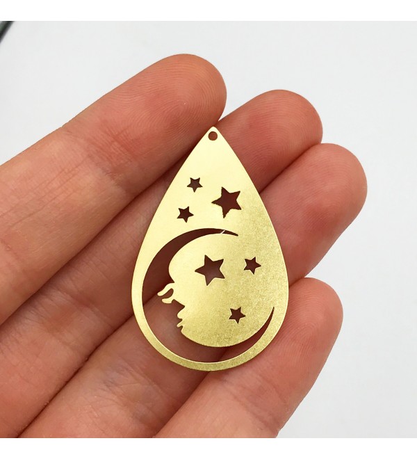 Raw Brass Crescent Moon Face Charm Pendant, Drop Shaped Moon and Stars Face Earring Charm, Sky Charms, Celestial Jewelry RW-1072