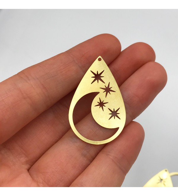 Raw Brass Crescent Moon Stars Charm Pendant, Drop Dangle Crescent Moon North Star Earring Charm, Sky Charms Celestial Jewelry RW-1075