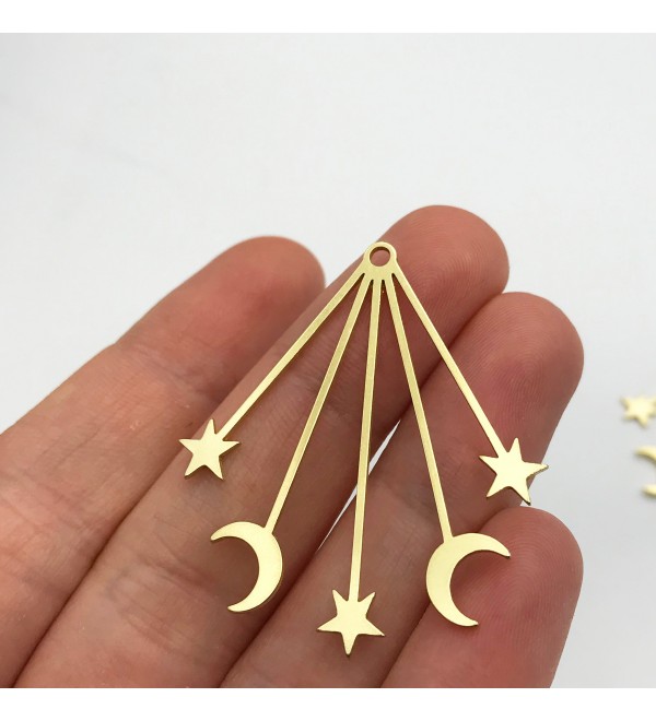 Raw Brass Crescent Moon and Stars Earring Charm Pendant, Geometric Moon Stars Connector, Laser Cut Celestial Earring Findings RW-1105