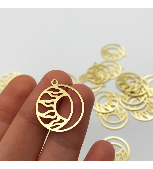 Raw Brass Sun Crescent Moon Necklace Earring Charm Pendant, Sun and Moon Jewelry Charm, Laser Cut Celestial Findings RW-1106