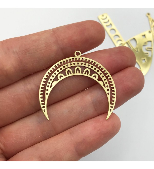 Raw Brass Crescent Moon Mandala Geometric Charm Pendant, Geometric Crown Shaped Charm, Laser Cut Brass Jewelry Supplies RW-1060