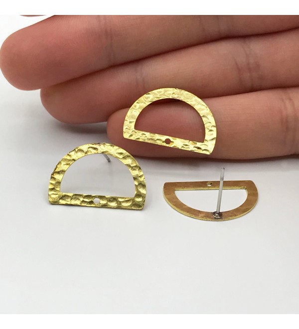 1 Pair Raw Brass Hammered Half Round Earring Stud, Textured Brass Connector Semi Circle D Shape Earring Charm, Earring Attachment RW-1131