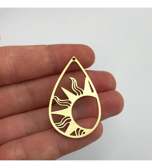 Raw Brass Drop Sun Earring Charm Pendant, Drop Shaped Sun Charm, Geometric Sun Charm, Laser Cut Brass Sun Jewelry Supplies RW-1086