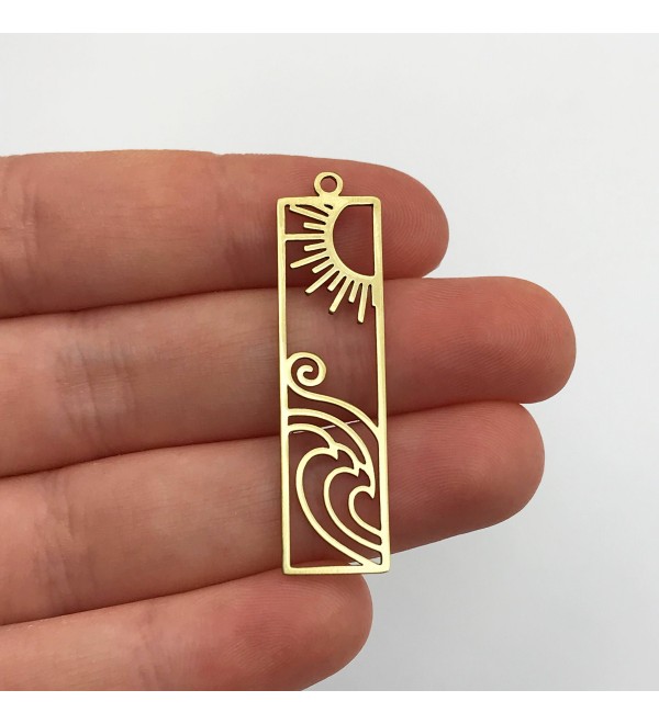 Raw Brass Sun and Waves Bar Charm Pendant, Rectangle Sun and Breeze Earring Bar Charm, Laser Cut Jewelry Supplies RW-1117