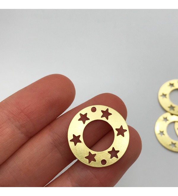 Raw Brass Round Connector Charm, Laser Cut Round Star Connector Charm Pendant, 2 Hole Brass Connector, Jewelry Supplies RW-1090