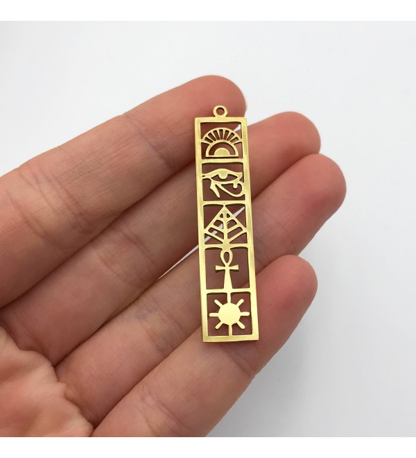 Raw Brass Egyptian Bar Charm Pendant, Egyptian Symbols Rectangle Bar Charm Eye Of Horus, Ancient Egypt Eye Of Ra Bar Charm RW-1160