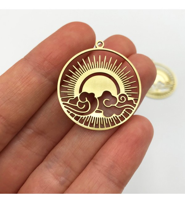 Raw Brass Round Cloud Sun Rainbow Charm Pendant, Circle Sun Cloud Earring Charm, Earring Findings, Jewelry Supplies RW-1144