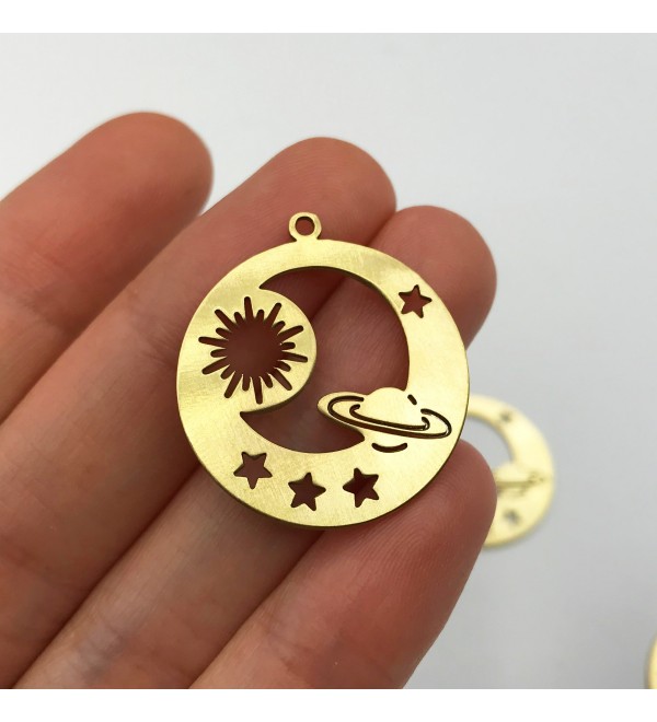 Raw Brass Round Saturn Planet Moon Sun Stars Charm Pendant, Saturn Planet Sunburst Crescent Moon Earring Charm Jewelry Supplies RW-1146