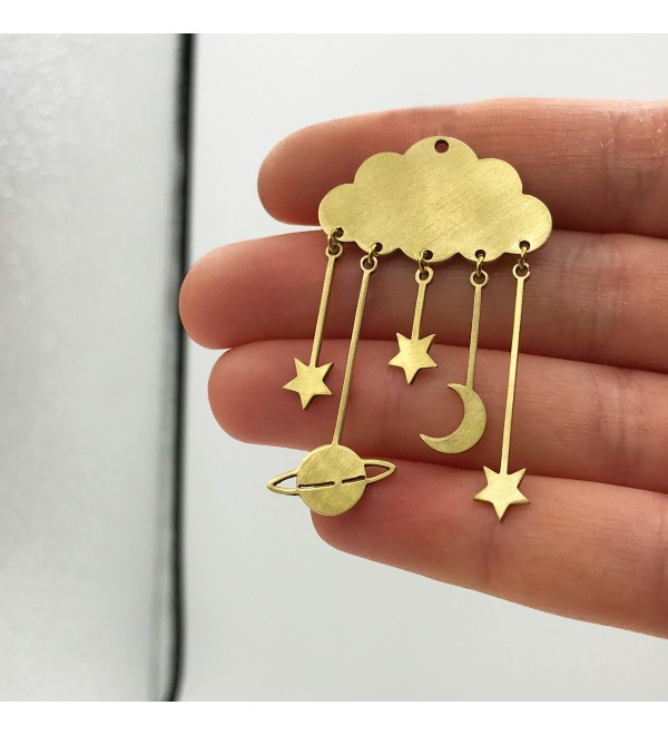 Raw Brass Cloud Saturn Planet Moon Stars Charm Pendant, Drop Dangle Cloud Saturn Crescent Moon Stars Earring Charm Findings RW-1147