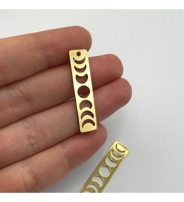 24K Gold Plated Moon Phase Bar Charm, Moon Phase Crescent Pendant, Rectangle Earring Charm, Laser Cut Jewelry Making Supplies GLD-1084