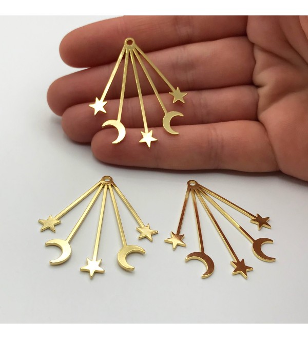 Shiny Gold Plated Crescent Moon and Stars Earring Charm Pendant, Moon and Stars Charm, Laser Cut Celestial Earring Findings GLD-1004