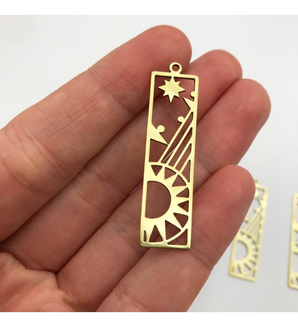 Raw Brass Sunrise Stars Bar Charm Pendant, Sun Stars Bar Charm, Sun Earring Charms, Laser Cut Jewelry Supplies Brass Findings RW-1154