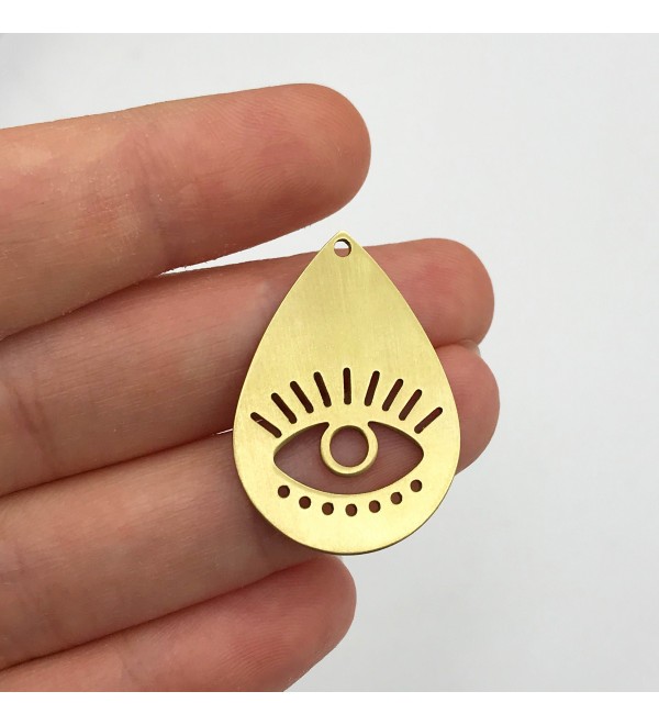 Raw Brass Drop Shaped Evil Eye Charm Pendant, Evil Eye Drop Earring Charm, Laser Cut Brass Findings, Jewelry Supplies RW-1036