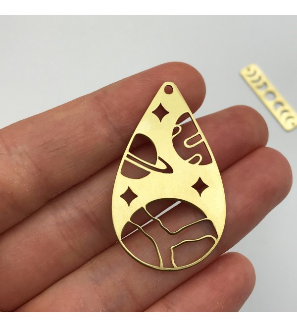 Raw Brass Planet Saturn Stars Drop Earring Charm, Drop Shaped Saturn and Stars Charm, Celestial Findings, Laser Cut Supplies RW-1049