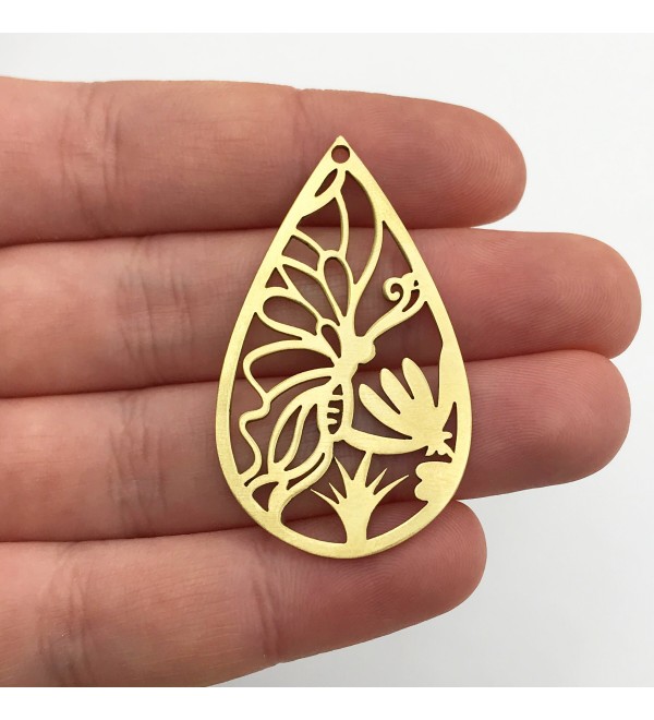 Raw Brass Butterfly Charm Pendant, Drop Shaped Butterfly Floral Earring Charm, Laser Cut Jewelry Supplies, Brass Findings RW-1079