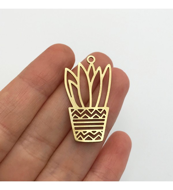 Raw Brass Aloe Vera Plant Charm Pendant, Potted Plant Succulent Charm, Plant Earring Charm, Earring Findings, Jewelry Supplies RW-1182