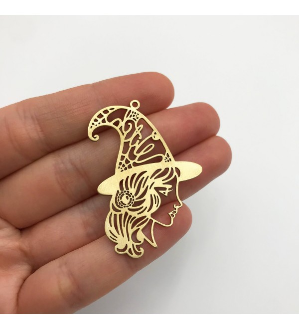 Raw Brass Witch Charm, Witch Pendant, Witch Hat Charm, Witch Girl Face Charm, Witch Jewelry, Laser Cut Jewelry Supplies RW-1183