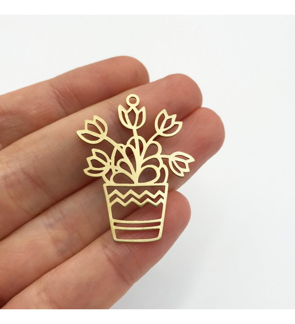 Raw Brass Potted Flower Plant Charm Pendant, Flower Charm, Plant Charm, Earring Findings, Laser Cut Jewelry Supplies RW-1187