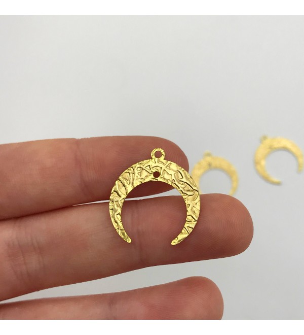 Raw Brass Hammered Textured Crescent Moon Connector Charm Pendant, 2 Hole Crescent Moon Geometric Connector Earring Findings RW-1098